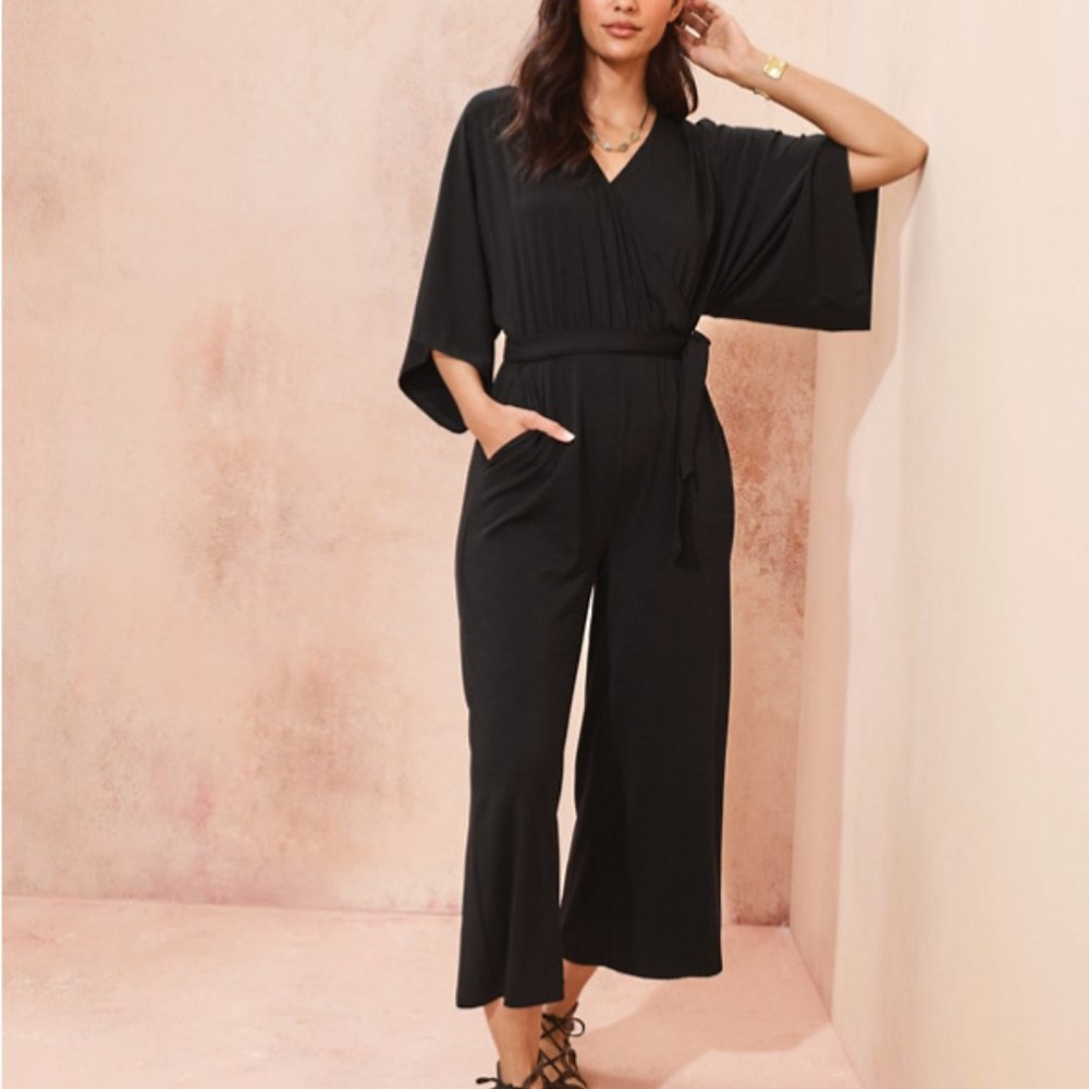 New Garnet Hill Black Kimono-Sleeve Knit Jumpsuit